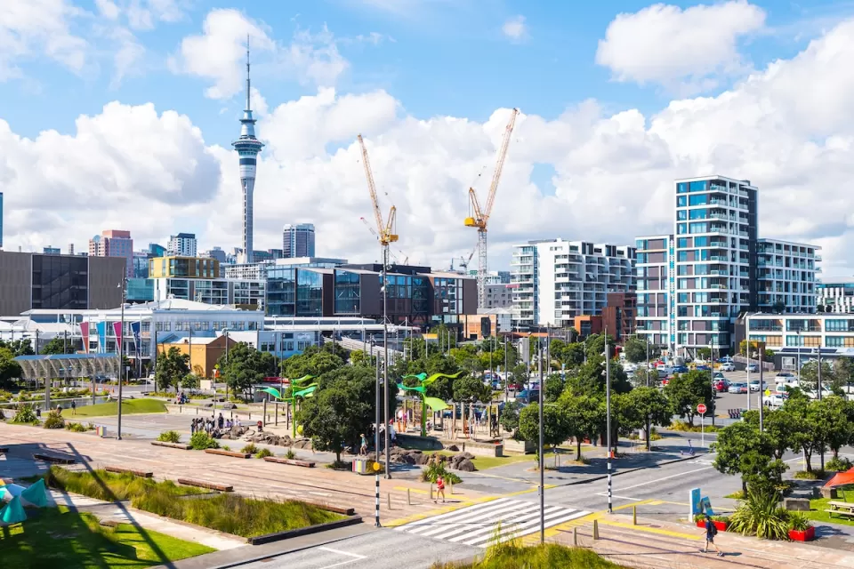 View of Auckland, New Zealand with construction cranes.